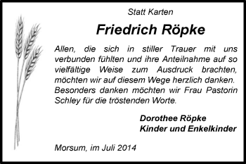 Traueranzeige von Friedrich Röpke von KRZ