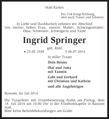 Traueranzeige von Ingrid Springer von KRZ