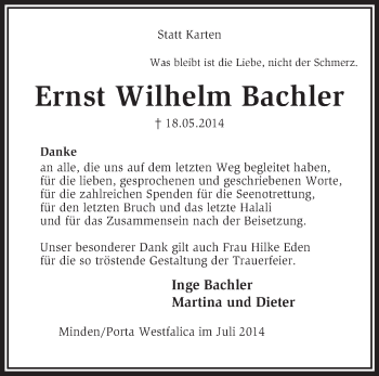 Traueranzeige von Ernst Wilhelm Bachler von KRZ