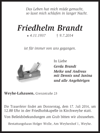 Traueranzeige von Friedhelm Brandt von KRZ