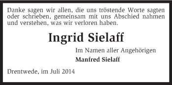 Traueranzeige von Ingrid Sielaff von KRZ