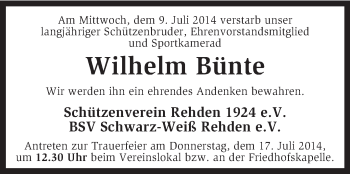 Traueranzeige von Wilhelm Bünte von KRZ