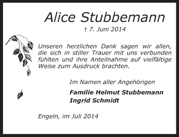 Traueranzeige von Alice Stubbemann von KRZ