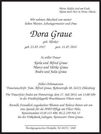 Traueranzeige von Dora Graue von KRZ