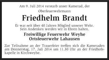 Traueranzeige von Friedhelm Brandt von KRZ