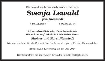 Traueranzeige von Svenja Lewald von KRZ