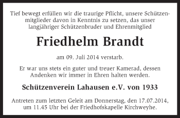 Traueranzeige von Friedhelm Brandt von KRZ