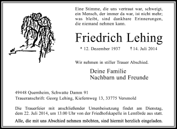 Traueranzeige von Friedrich Lehing von KRZ