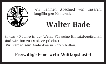 Traueranzeige von Walter Bade von KRZ