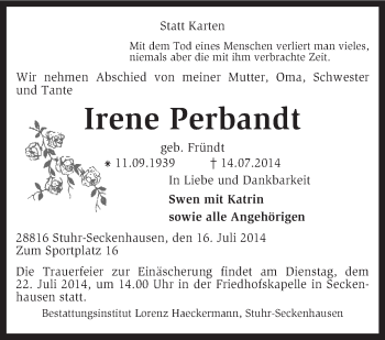 Traueranzeige von Irene Perbandt von KRZ