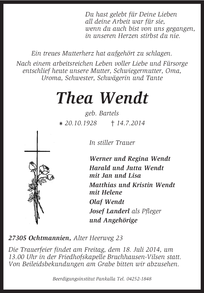  Traueranzeige für Thea Wendt vom 16.07.2014 aus KRZ