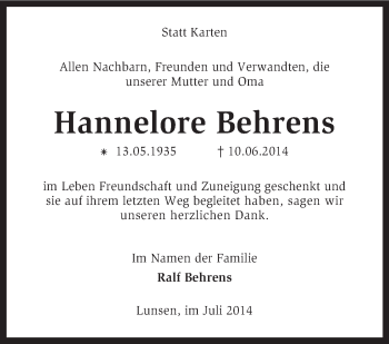 Traueranzeige von Hannelore Behrens von KRZ