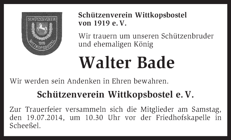  Traueranzeige für Walter Bade vom 17.07.2014 aus KRZ