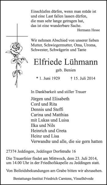 Traueranzeige von Elfriede Lühmann von KRZ