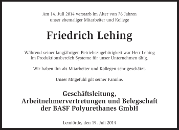 Traueranzeige von Friedrich Lehing von KRZ