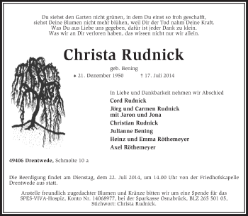 Traueranzeige von Christa Rudnick von KRZ