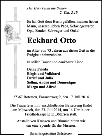 Traueranzeige von Otto Eckhard von Kreiszeitung