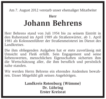 Traueranzeige von Johann Behrens von KREISZEITUNG SYKE