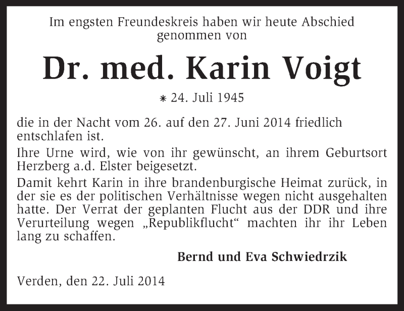  Traueranzeige für Karin Voigt vom 23.07.2014 aus KRZ