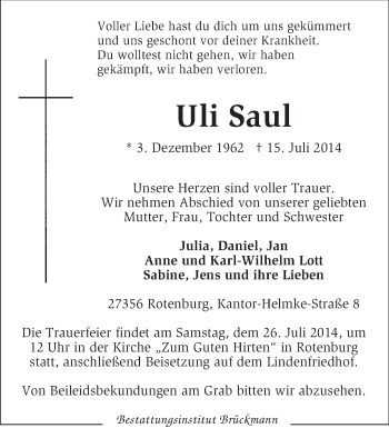 Traueranzeige von Uli Saul von KRZ