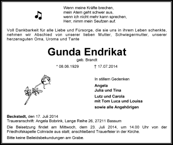 Traueranzeige von Gunda Endrikat von KRZ