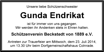 Traueranzeige von Gunda Endrikat von KRZ