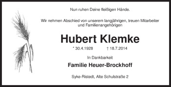 Traueranzeige von Hubert Klemke von KRZ