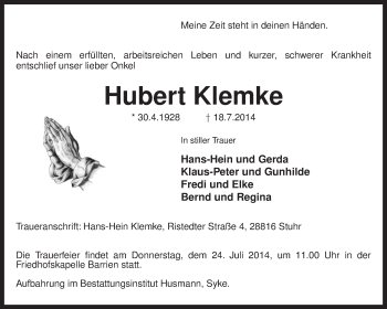 Traueranzeige von Hubert Klemke von KRZ