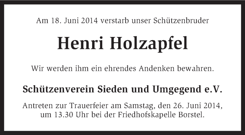  Traueranzeige für Henri Holzapfel vom 22.07.2014 aus KRZ