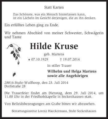 Traueranzeige von Hilde Kruse von KRZ