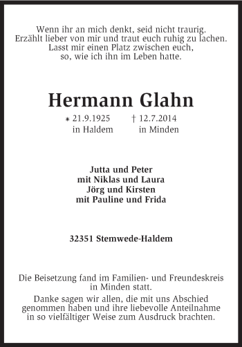 Traueranzeige von Hermann Glahn von KRZ