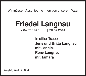 Traueranzeige von Friedel Langnau von KRZ