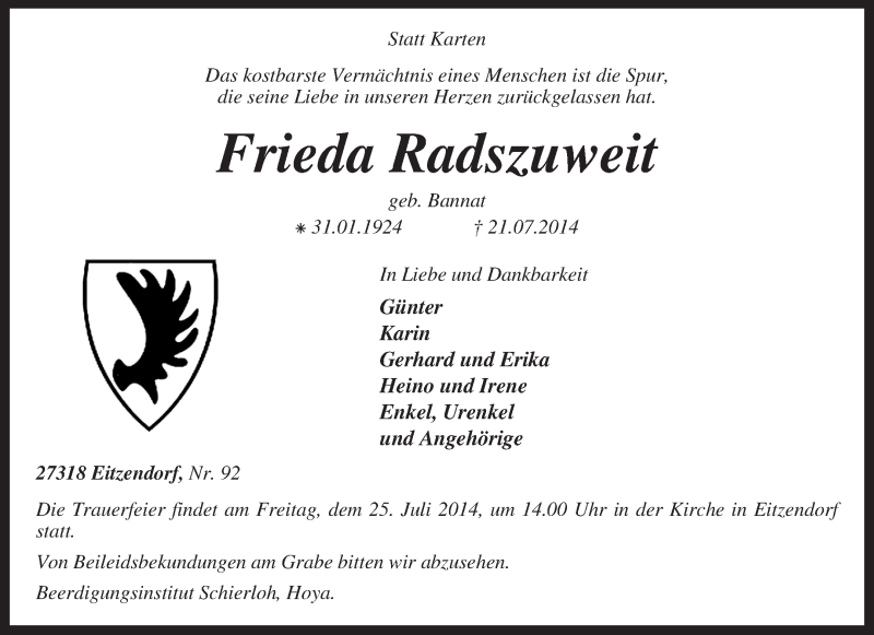  Traueranzeige für Frieda Radszuweit vom 23.07.2014 aus KRZ