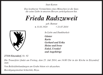 Traueranzeige von Frieda Radszuweit von KRZ