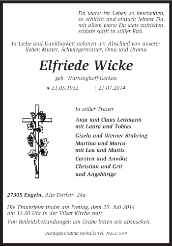 Traueranzeige von Elfriede Wicke von KRZ