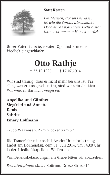 Traueranzeige von Otto Rathje von KRZ