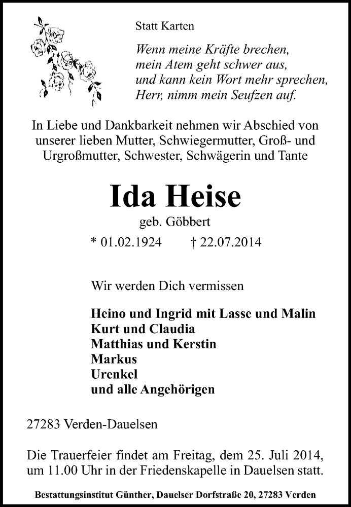  Traueranzeige für Ida Heise vom 24.07.2014 aus KRZ