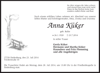 Traueranzeige von Anna Küfer von KRZ