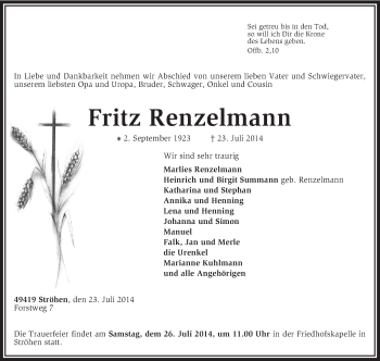 Traueranzeige von Fritz Renzelmann von KRZ