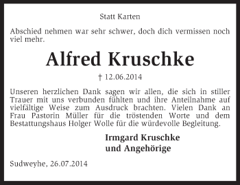 Traueranzeige von Alfred Kruschke von KRZ