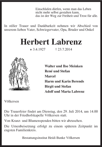 Traueranzeige von Herbert Labrenz von KRZ