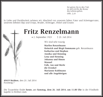 Traueranzeige von Fritz Renzelmann von KRZ