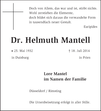 Traueranzeige von Helmuth Mantell von KRZ