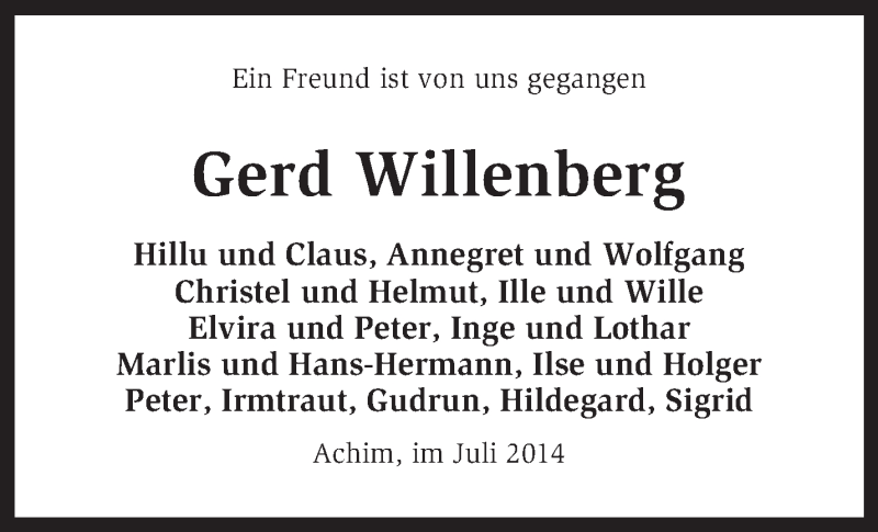  Traueranzeige für Gerd Willenberg vom 26.07.2014 aus KRZ