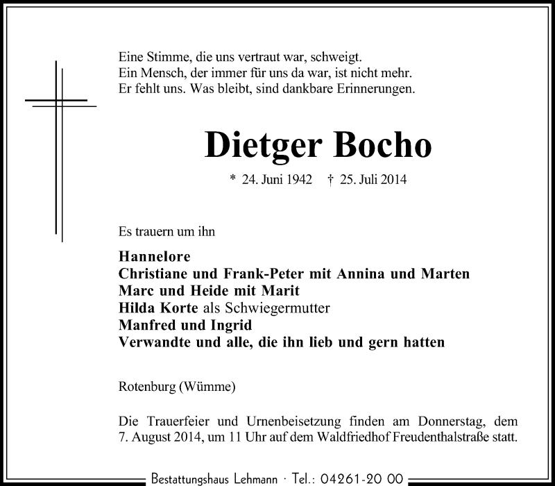  Traueranzeige für Dietger Bocho vom 01.08.2014 aus KRZ