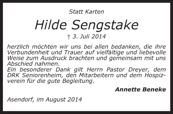 Traueranzeige von Hilde Sengstake von KRZ