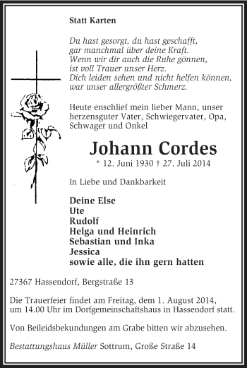 Traueranzeige von Johann Cordes von KRZ