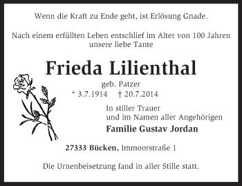 Traueranzeige von Frieda Lilienthal von KRZ