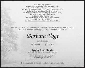 Traueranzeige von Barbara Vogt von KRZ