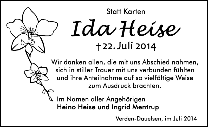  Traueranzeige für Ida Heise vom 02.08.2014 aus KRZ